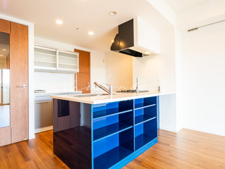 青のカウンターキッチン　ロイヤルパークスタワー南千住の室内写真　S60-C7タイプ2LDK